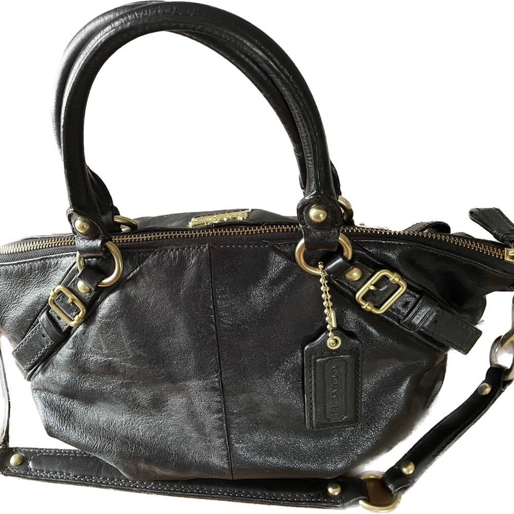 Coach Sophia bag. Gently used. Black leather, red silk lining.Authentic.